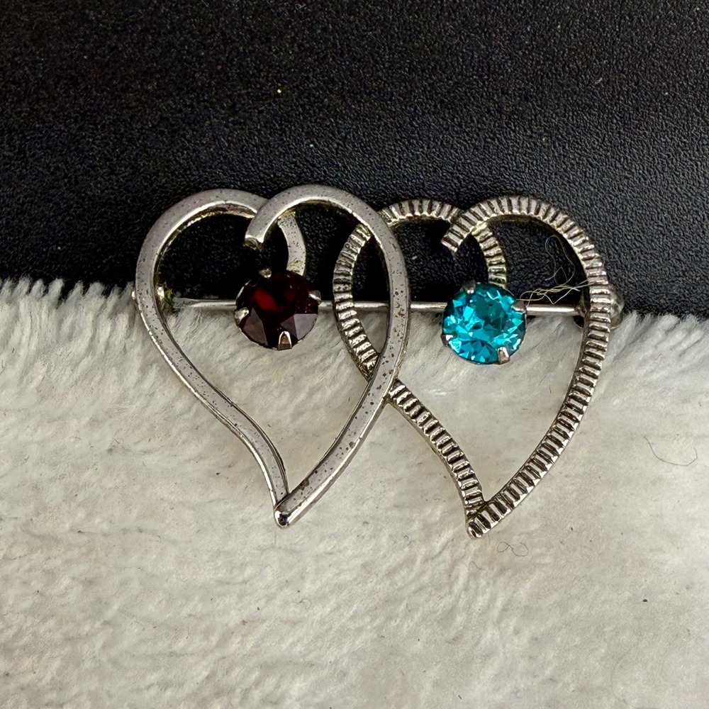 Vintage Van Dell Heart Brooch December Silver Red Blue Rhinestone Sterling READ